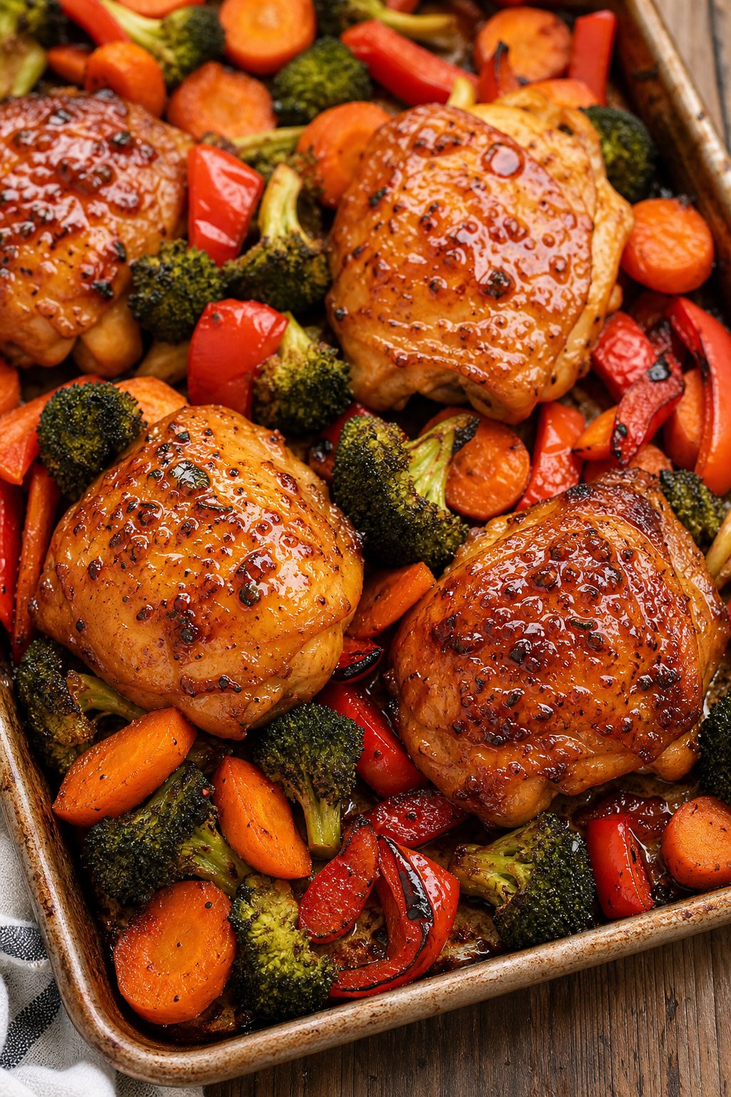 23 Honey Garlic Chicken Thigh Recipes You’ll Absolutely Love! 4 A sheet pan with honey garlic chicken thighs and roasted vegetables including carrots, broccoli, and red bell peppers.