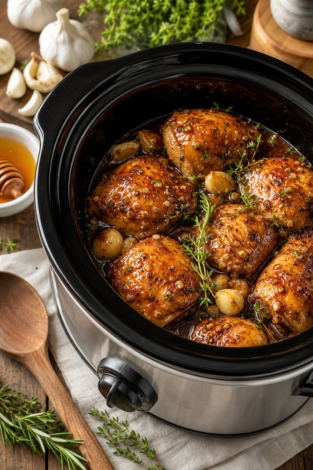 23 Honey Garlic Chicken Thigh Recipes You’ll Absolutely Love! 5 Slow cooker with honey garlic chicken thighs surrounded by fresh garlic, herbs, and honey on a wooden countertop.