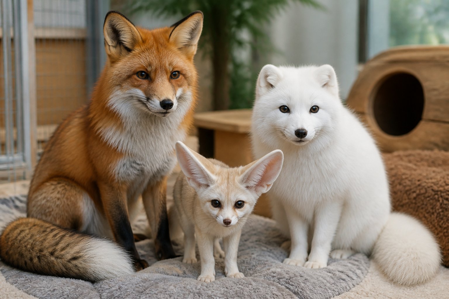Three different fox species commonly kept as exotic pets, including a red fox, a fennec fox, and an arctic fox, shown calmly in a pet-friendly indoor setting.