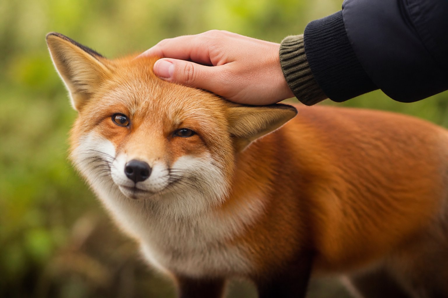 A person gently petting a calm fox outdoors in a natural setting.
