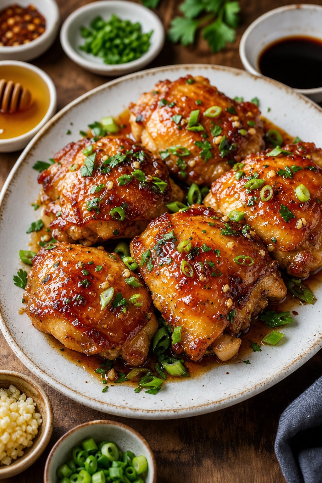 23 Honey Garlic Chicken Thigh Recipes You’ll Absolutely Love! 6 Close-up of honey garlic chicken thighs with crispy skin on a plate, garnished with herbs, with small bowls of ingredients nearby on a wooden table.