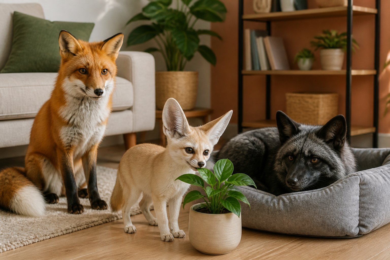 Three different pet foxes sitting and resting peacefully inside a cozy home environment.