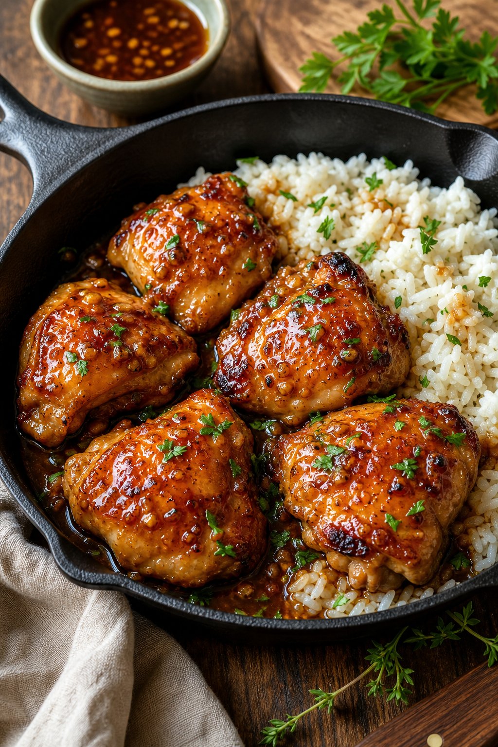 23 Honey Garlic Chicken Thigh Recipes You’ll Absolutely Love! 7 A skillet with honey garlic chicken thighs served over white rice, garnished with fresh herbs on a wooden table.
