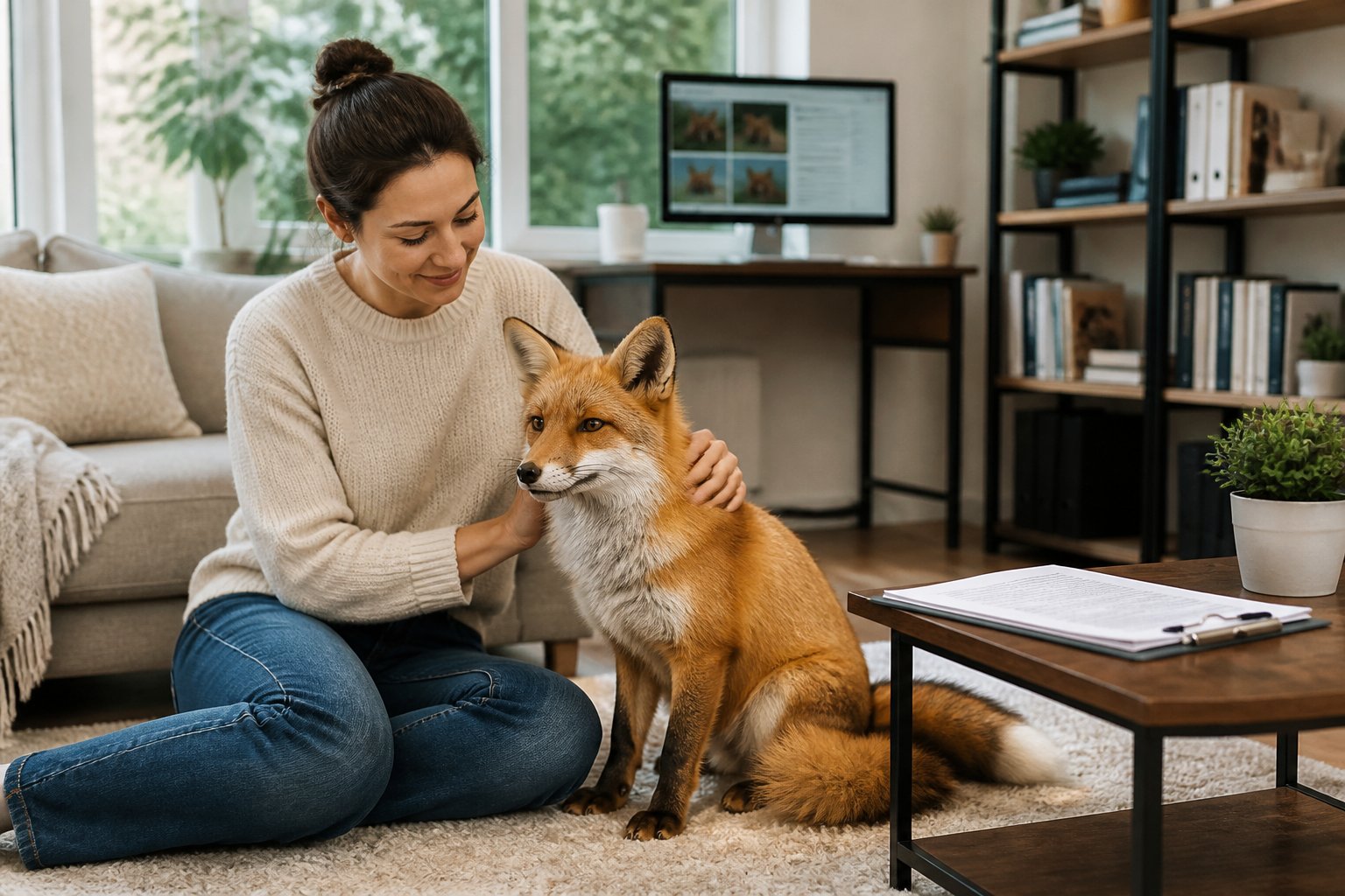 A person gently petting a calm domesticated fox inside a bright living room with documents and a computer nearby.