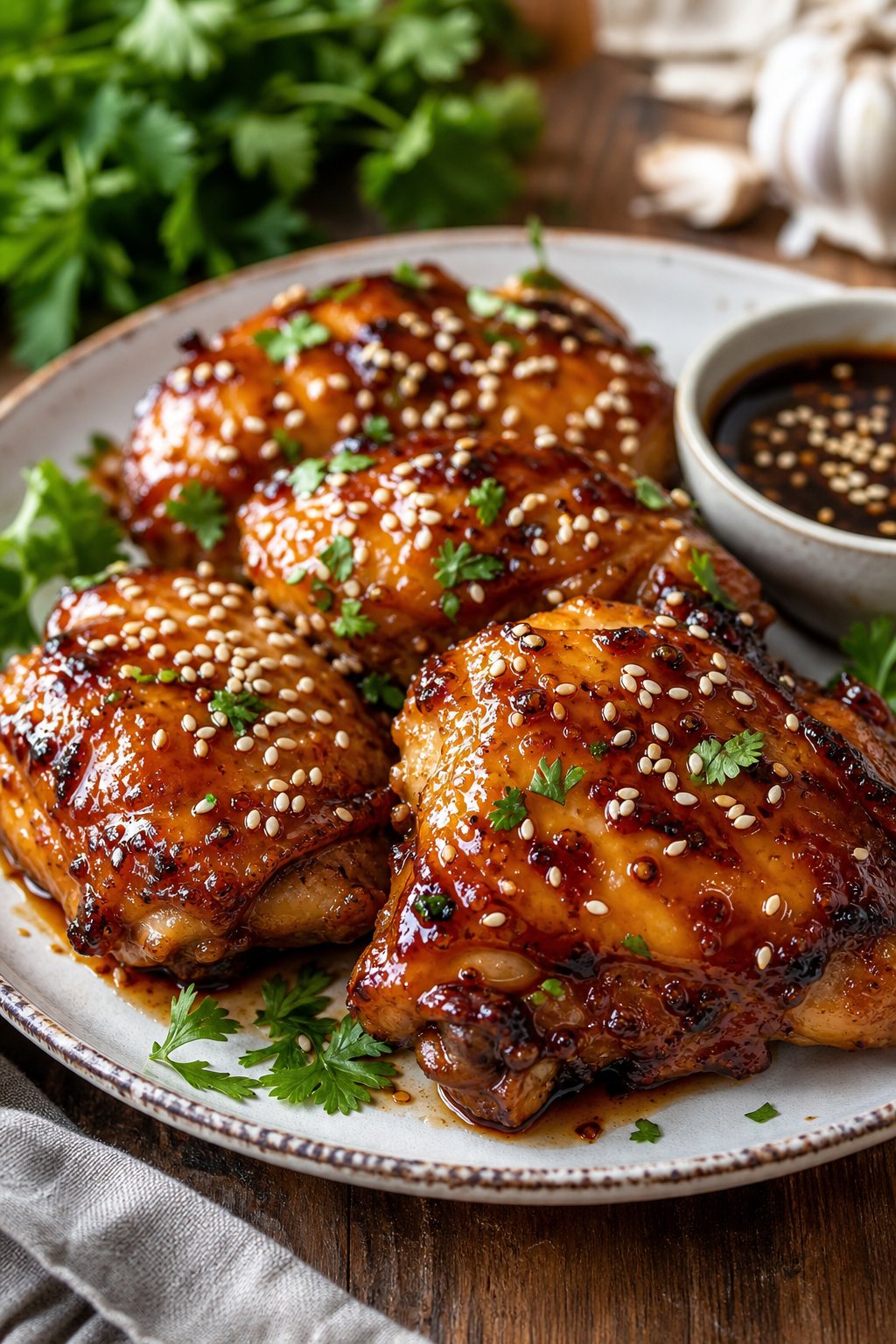 23 Honey Garlic Chicken Thigh Recipes You’ll Absolutely Love! 8 A plate of honey garlic soy-glazed chicken thighs topped with sesame seeds and garnished with fresh herbs on a wooden table.