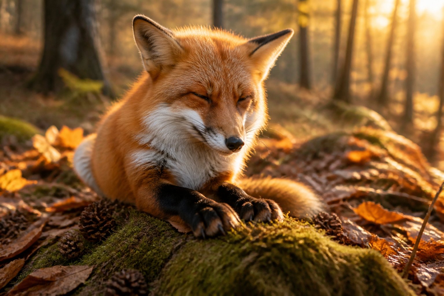 A red fox sitting on mossy ground in a forest, gently pressing its front paws together among autumn leaves.