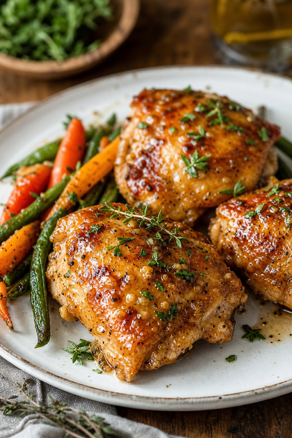 23 Honey Garlic Chicken Thigh Recipes You’ll Absolutely Love! 9 A plate of glazed honey garlic Dijon chicken thighs garnished with fresh herbs, served with roasted vegetables on a wooden table.