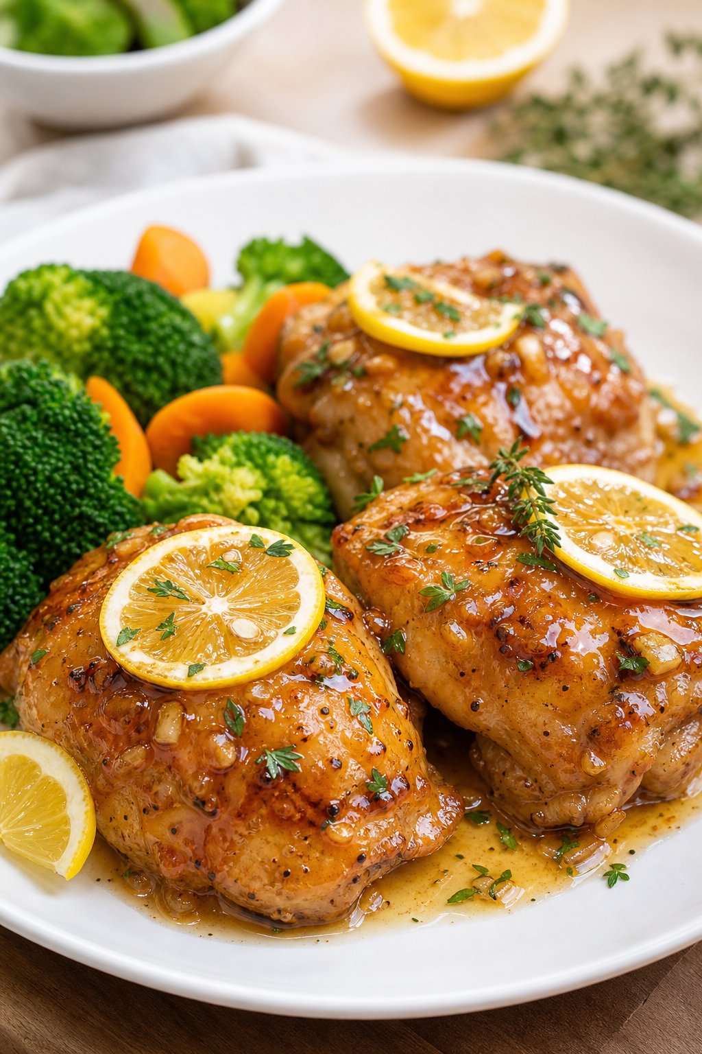 23 Honey Garlic Chicken Thigh Recipes You’ll Absolutely Love! 10 A plate of honey garlic lemon chicken thighs garnished with lemon slices and herbs, served with vegetables.