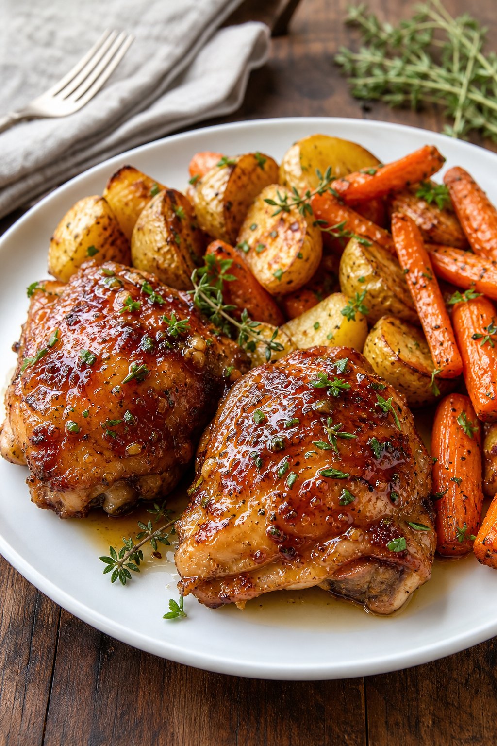 23 Honey Garlic Chicken Thigh Recipes You’ll Absolutely Love! 11 A plate of honey garlic chicken thighs with roasted carrots and potatoes on a wooden table.