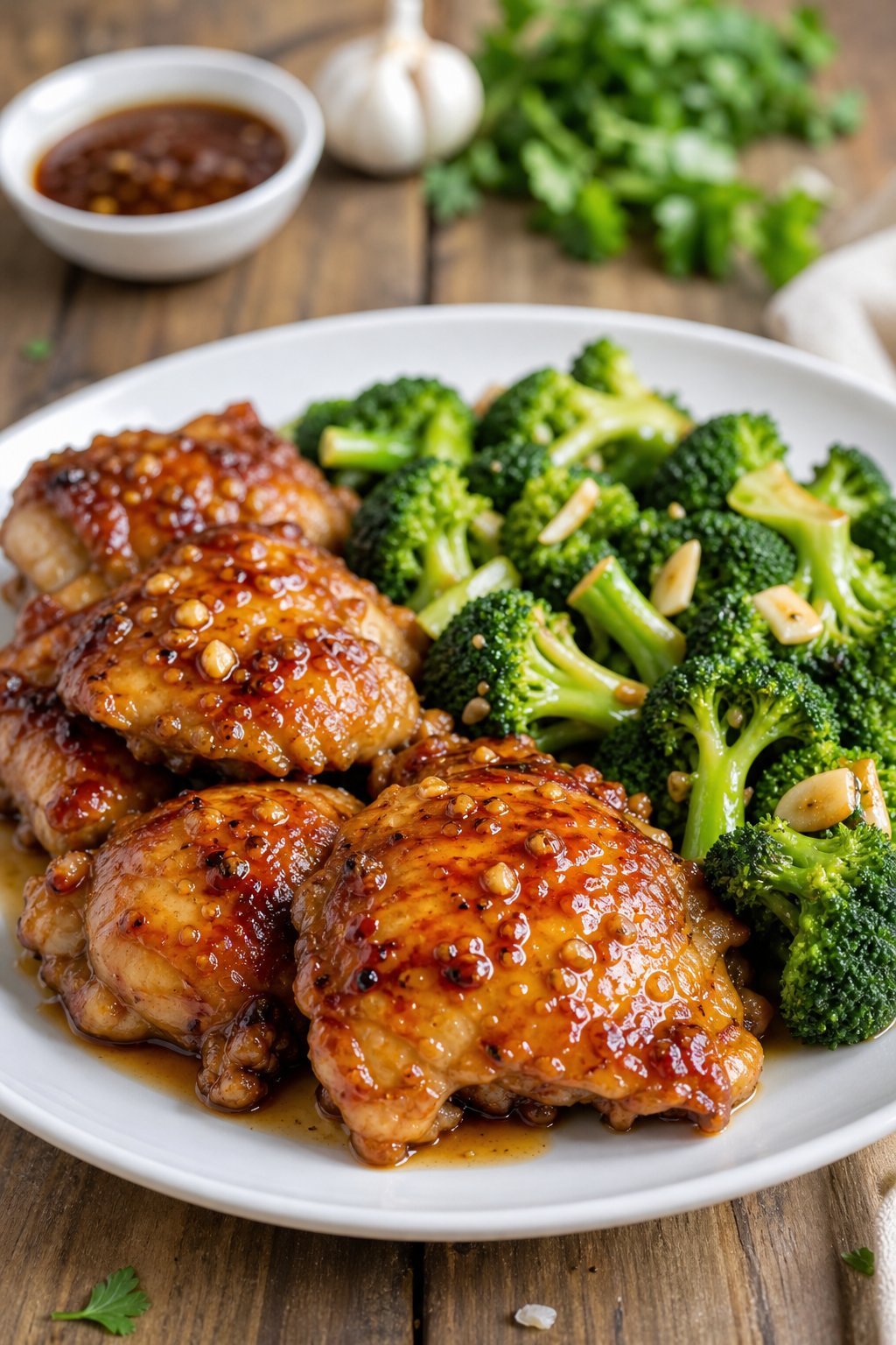 23 Honey Garlic Chicken Thigh Recipes You’ll Absolutely Love! 12 A plate of honey garlic chicken thighs with broccoli stir-fry on a wooden table.