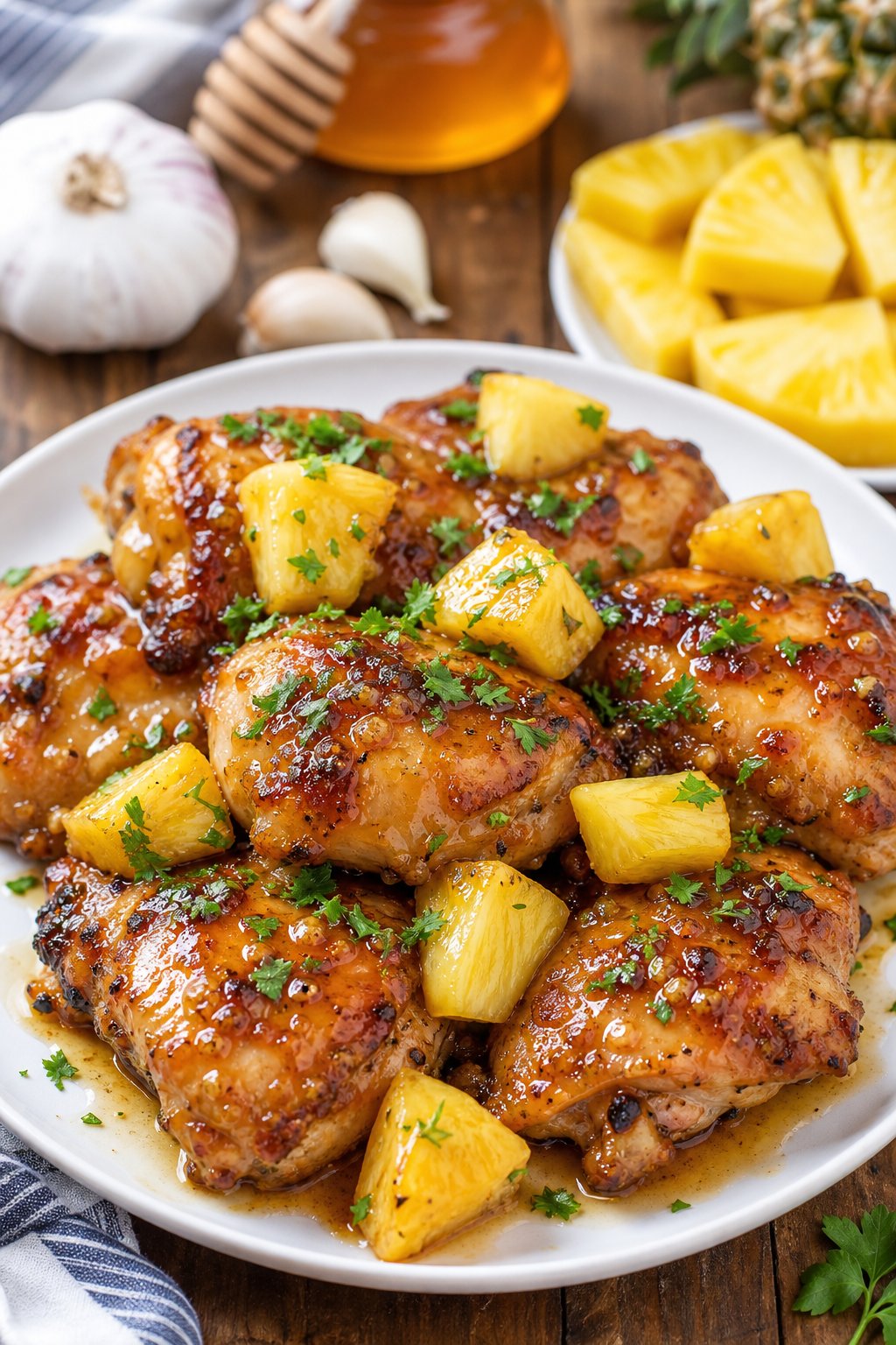 23 Honey Garlic Chicken Thigh Recipes You’ll Absolutely Love! 13 A plate of honey garlic chicken thighs garnished with pineapple chunks and herbs on a wooden table.