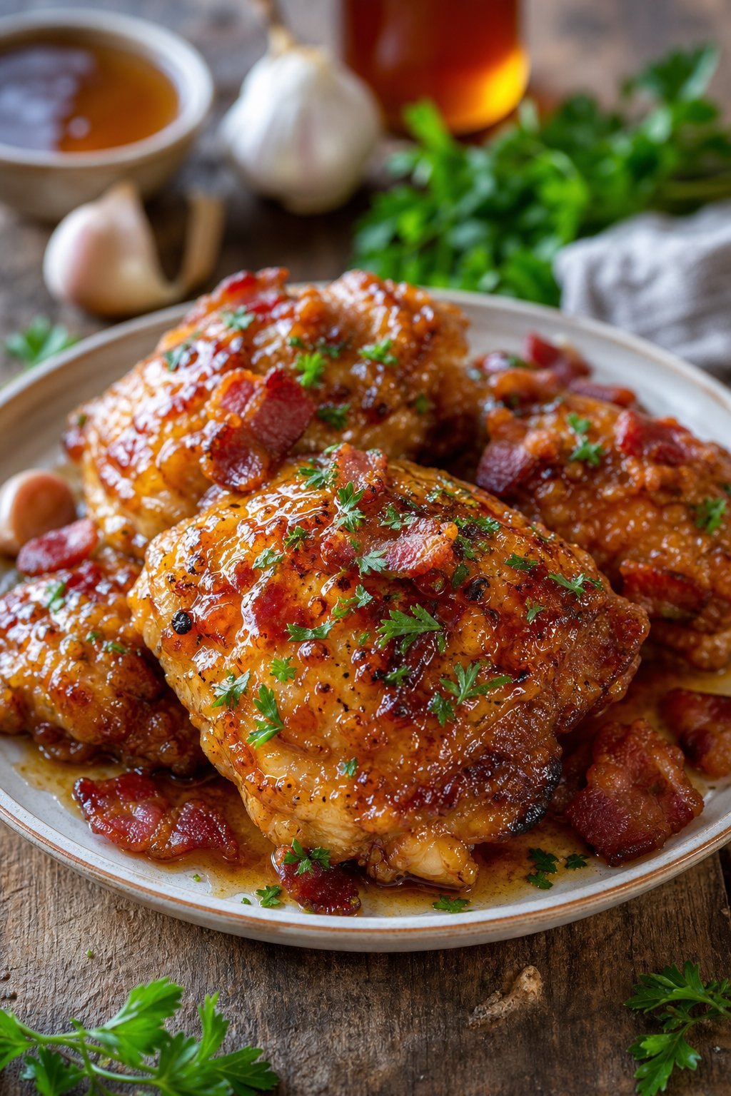 23 Honey Garlic Chicken Thigh Recipes You’ll Absolutely Love! 14 A plate of honey garlic chicken thighs topped with crispy bacon and maple glaze, garnished with fresh herbs on a wooden table.