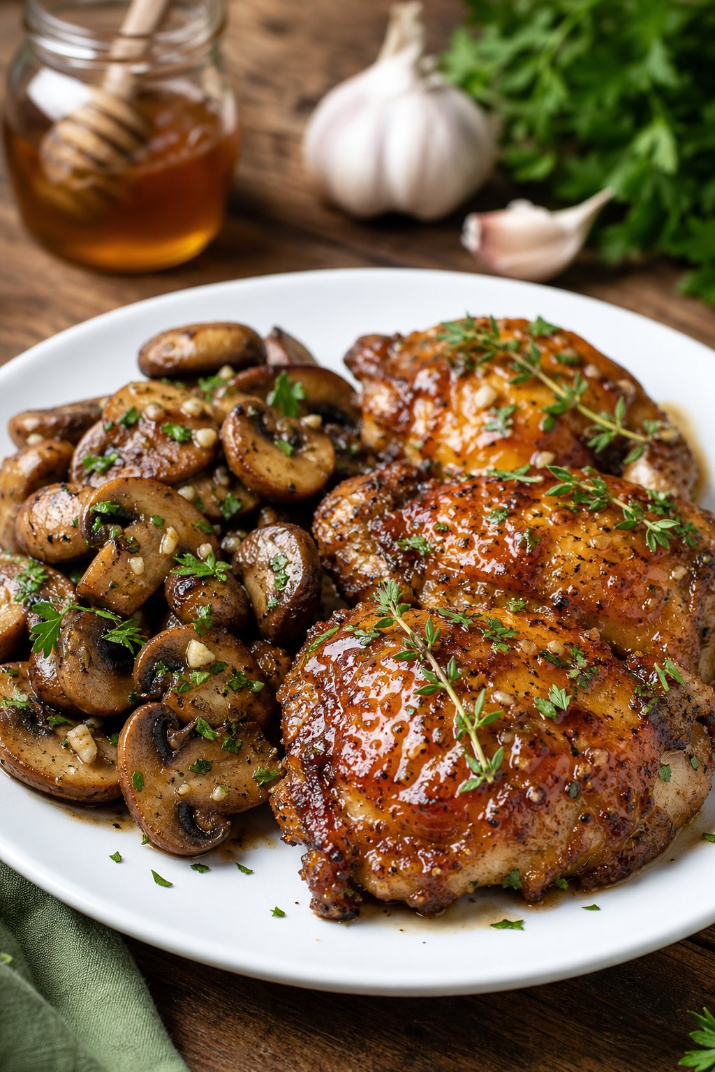23 Honey Garlic Chicken Thigh Recipes You’ll Absolutely Love! 15 A plate with honey garlic chicken thighs and garlic butter mushrooms on a wooden table.