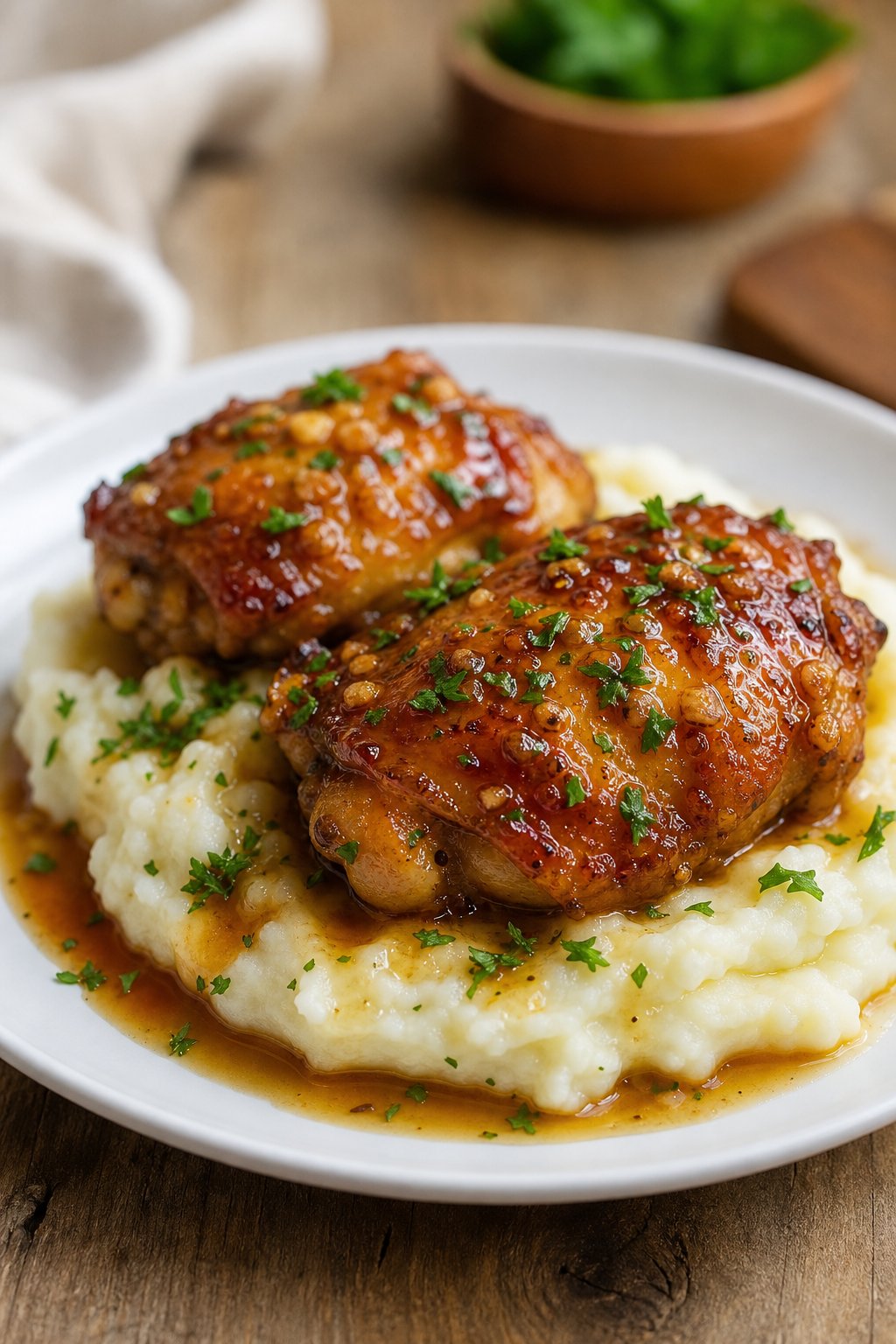 23 Honey Garlic Chicken Thigh Recipes You’ll Absolutely Love! 16 A plate of honey garlic chicken thighs glazed with sauce served over creamy mashed potatoes garnished with chopped parsley.