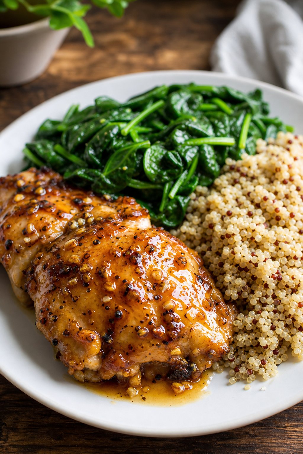 23 Honey Garlic Chicken Thigh Recipes You’ll Absolutely Love! 17 A plate with honey garlic chicken thighs, quinoa, and sautéed spinach on a wooden table.