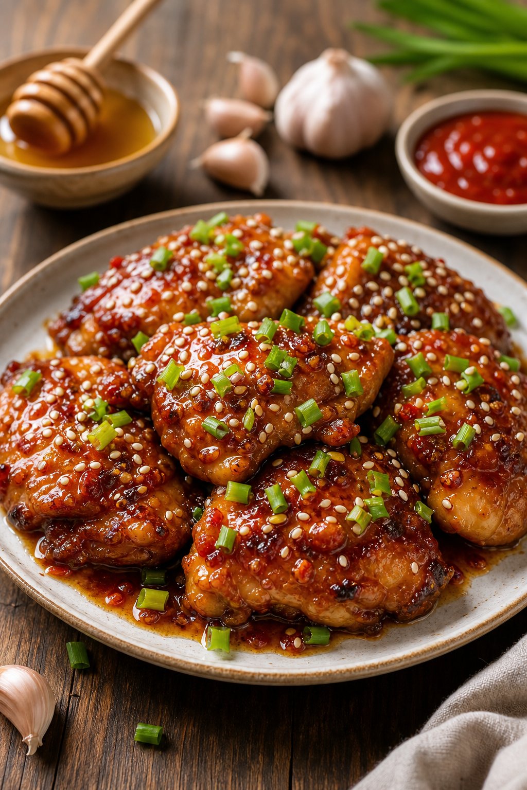 23 Honey Garlic Chicken Thigh Recipes You’ll Absolutely Love! 18 A plate of honey garlic sticky chicken thighs garnished with green onions and sesame seeds on a wooden table, with small bowls of honey, garlic, and sriracha sauce nearby.