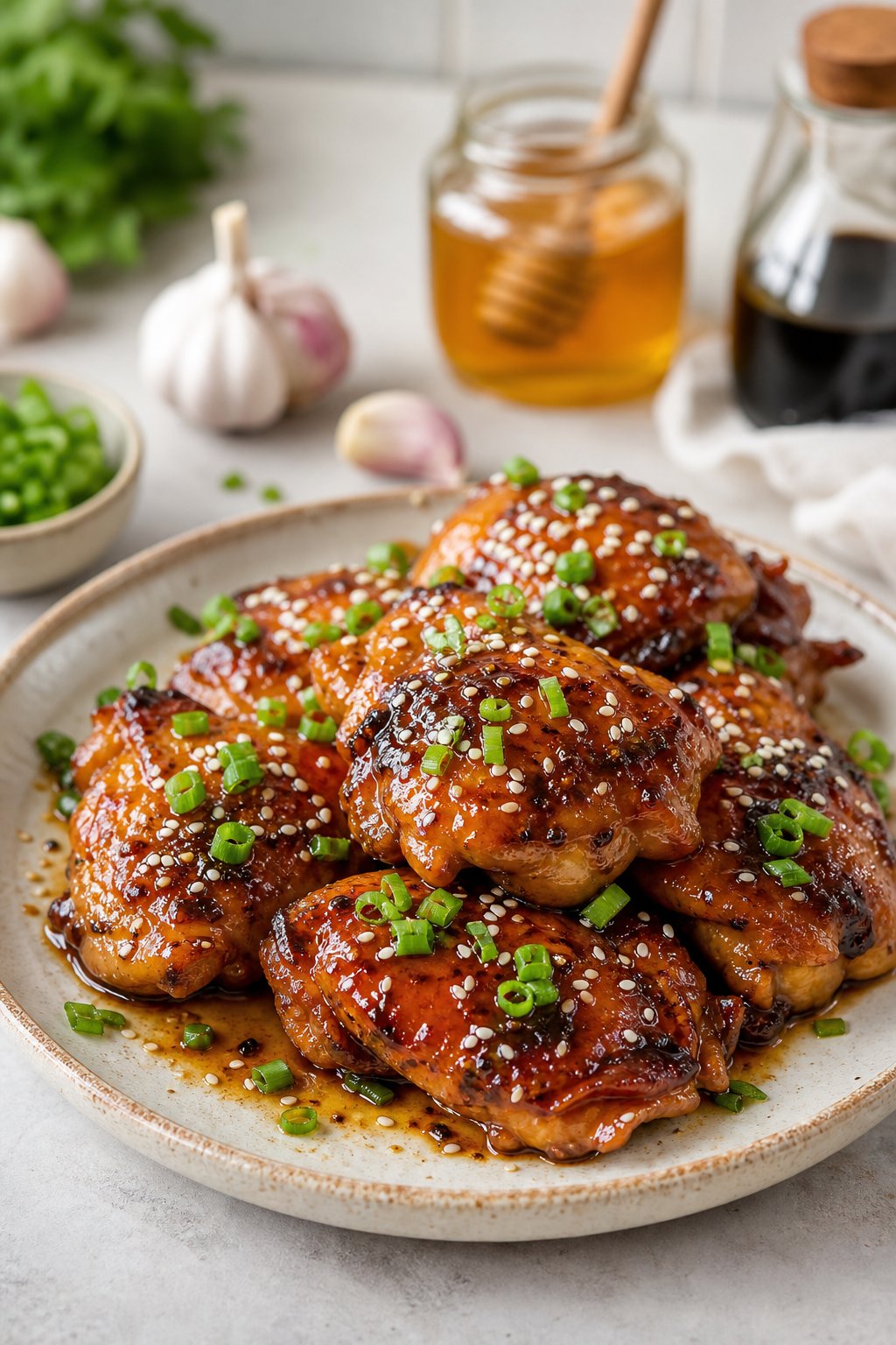 23 Honey Garlic Chicken Thigh Recipes You’ll Absolutely Love! 19 A plate of glazed honey garlic teriyaki chicken thighs garnished with green onions and sesame seeds on a white plate with garlic cloves and honey jar in the background.