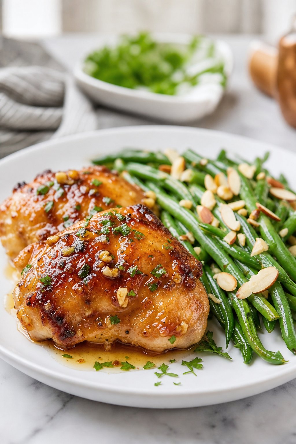 23 Honey Garlic Chicken Thigh Recipes You’ll Absolutely Love! 20 A plate of honey garlic chicken thighs with green beans topped with toasted almonds.