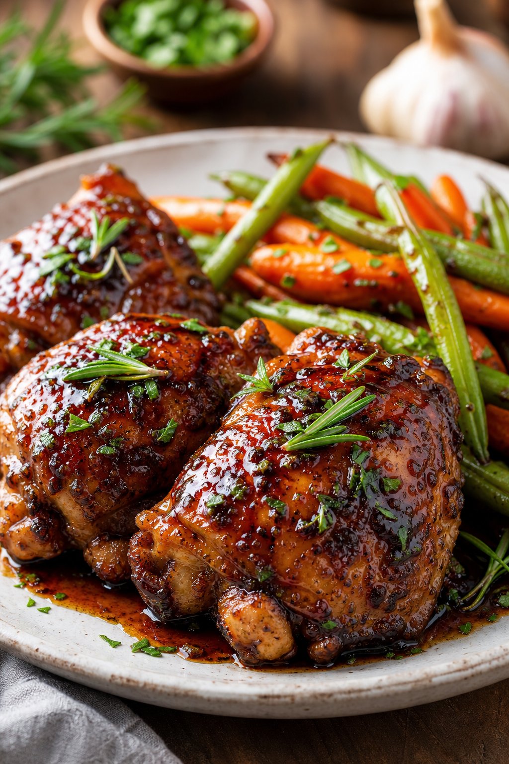 23 Honey Garlic Chicken Thigh Recipes You’ll Absolutely Love! 21 A plate of honey garlic balsamic chicken thighs garnished with fresh herbs and served with roasted vegetables.