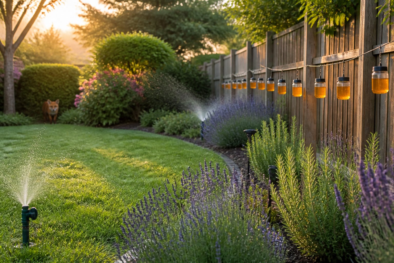 A backyard garden at dawn with natural fox repellent methods including scent markers, motion-activated sprinklers, and strong-smelling plants, with a fox silhouette in the distance.