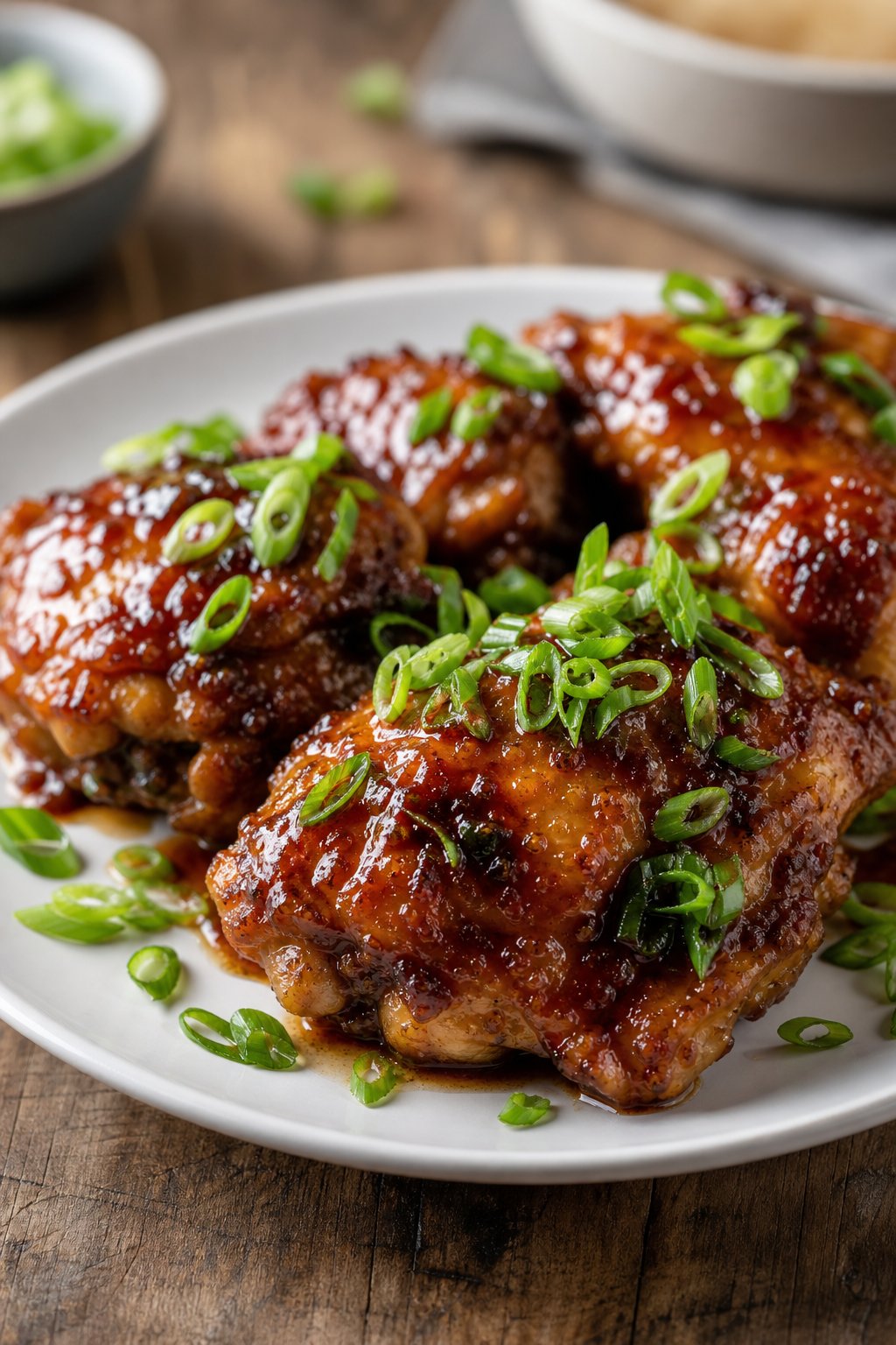 23 Honey Garlic Chicken Thigh Recipes You’ll Absolutely Love! 22 A plate of honey garlic chicken thighs glazed with hoisin sauce and topped with sliced scallions on a wooden table.