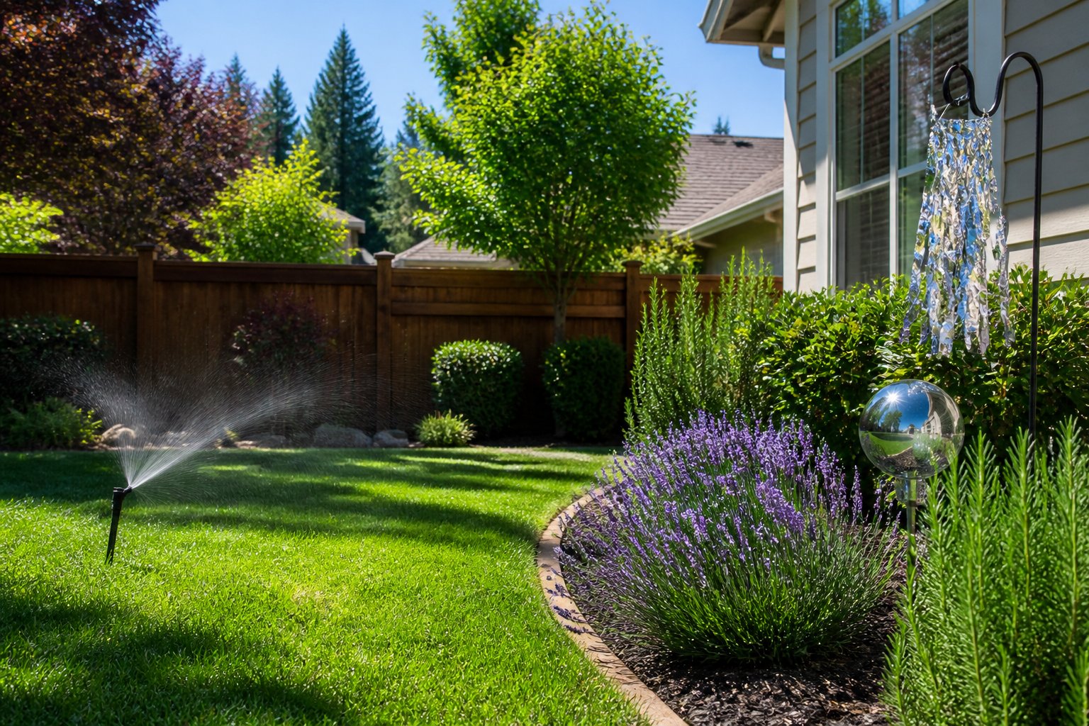 A suburban backyard with a lawn, garden beds, wooden fence, and natural fox repellents like sprinklers, reflective objects, and aromatic plants.