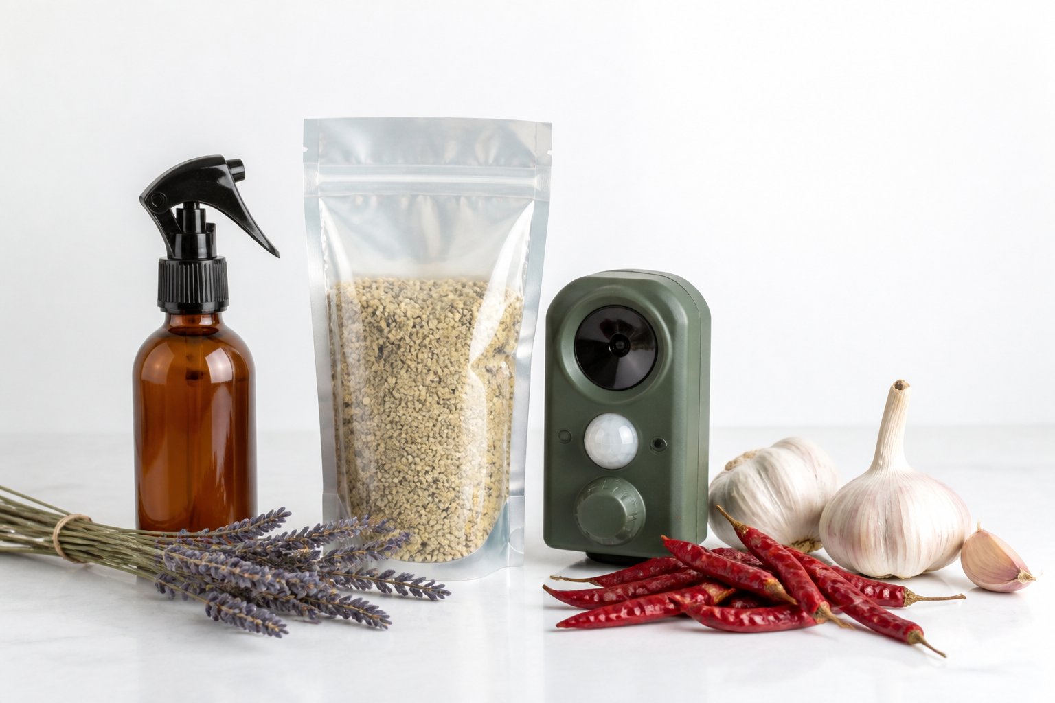 A variety of fox repellent products including spray bottle, granules, ultrasonic device, garlic bulbs, and dried chili peppers arranged on a white surface.