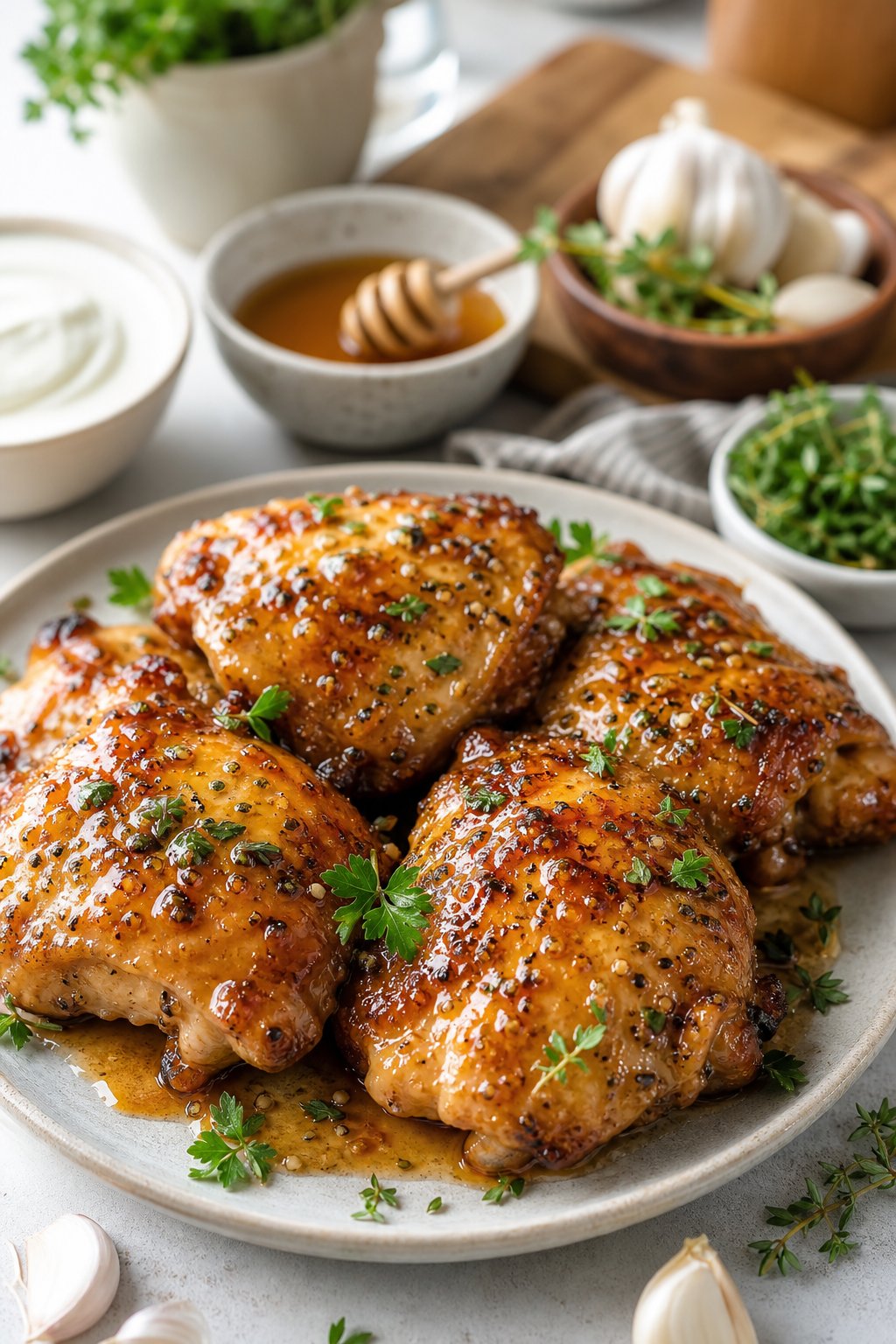 23 Honey Garlic Chicken Thigh Recipes You’ll Absolutely Love! 23 A plate of golden honey garlic yogurt-marinated chicken thighs garnished with fresh herbs, surrounded by small bowls of ingredients on a bright kitchen countertop.