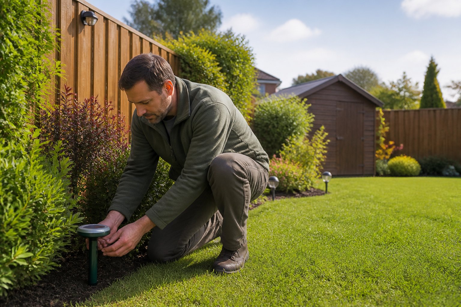 A person setting up a fox repellent device near a garden in a well-kept suburban yard.