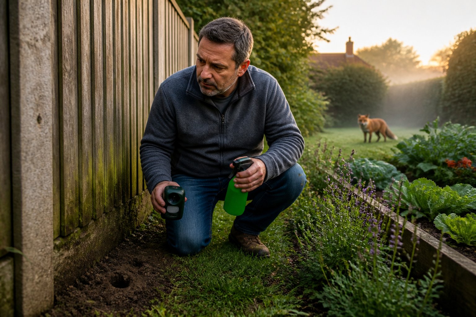 A person inspects a garden fence with signs of fox activity while a fox approaches in the background.