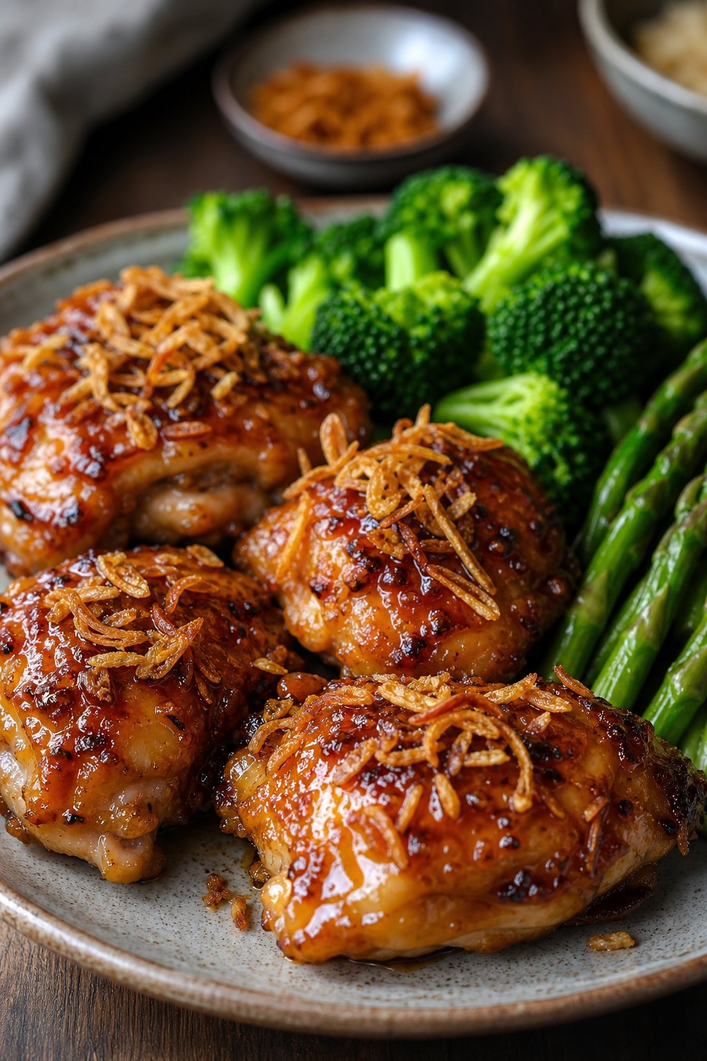 23 Honey Garlic Chicken Thigh Recipes You’ll Absolutely Love! 24 A plate of glazed honey garlic chicken thighs topped with crispy shallots and served with green vegetables.