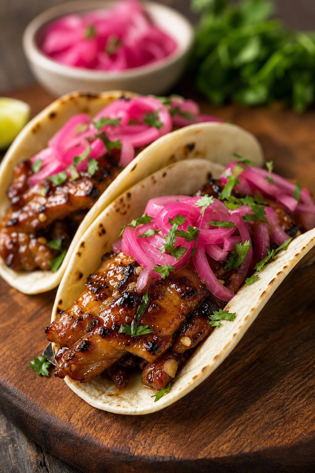23 Honey Garlic Chicken Thigh Recipes You’ll Absolutely Love! 25 Close-up of tacos filled with honey garlic chicken thighs and pickled red onions on a wooden board.
