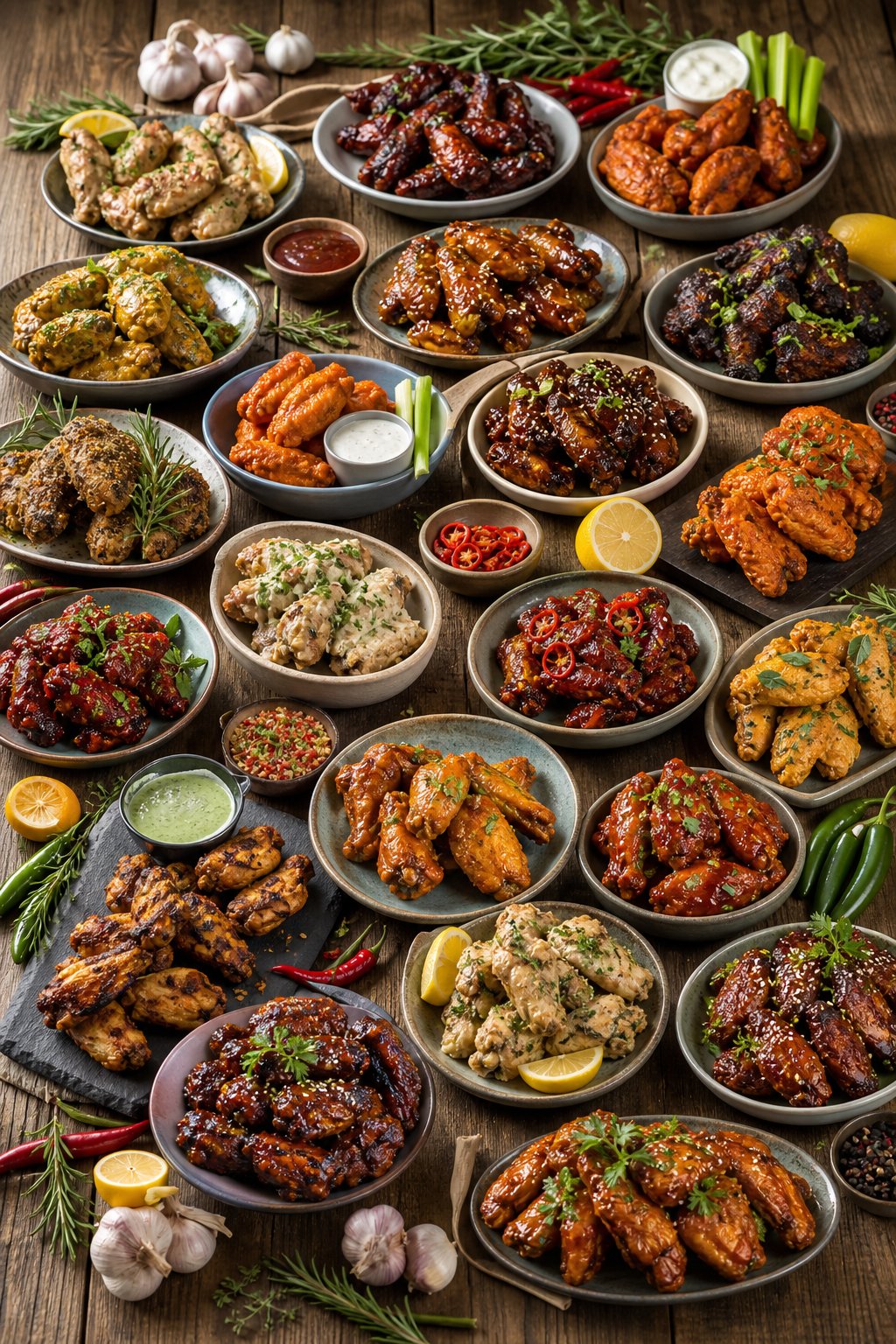 An assortment of various chicken wing recipes arranged on a wooden table with dipping sauces and garnishes.