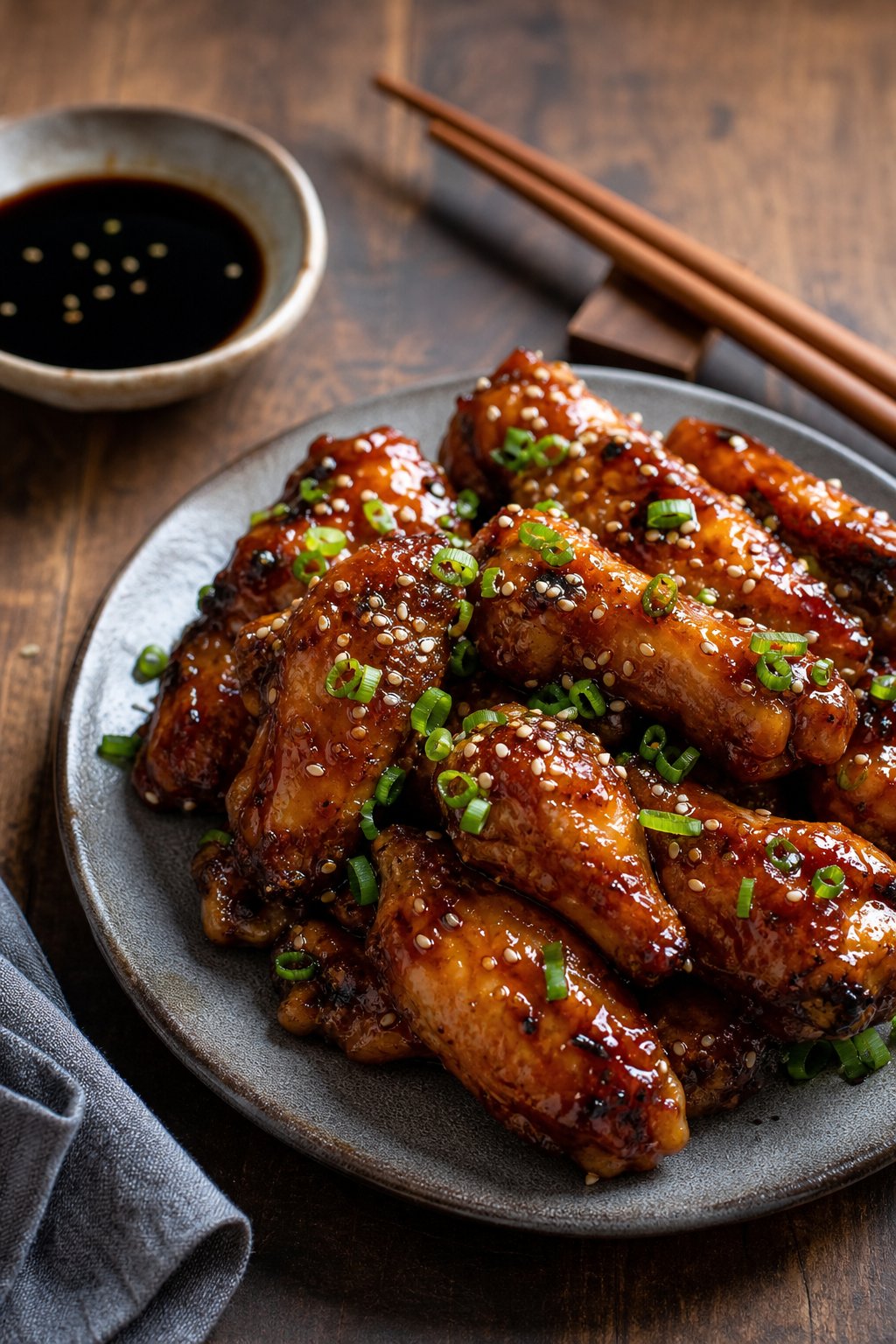A plate of sticky honey garlic chicken wings garnished with sesame seeds and green onions, with a bowl of soy sauce and chopsticks on a wooden table.