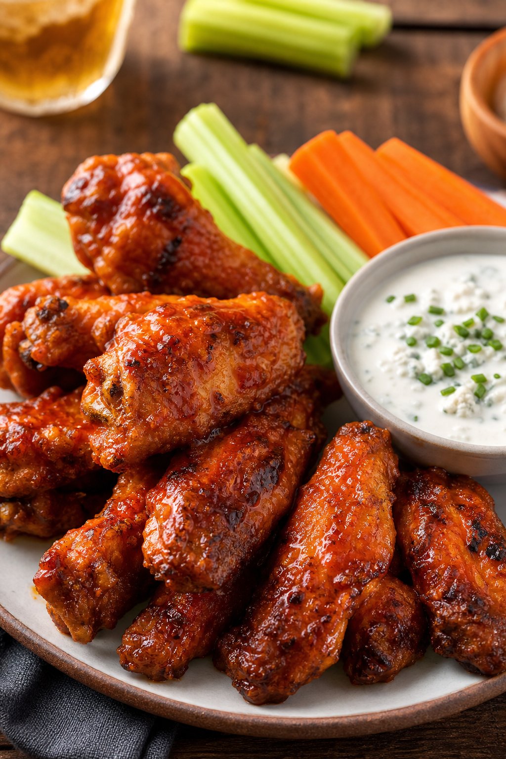 A plate of crispy buffalo chicken wings with a bowl of blue cheese dip, celery sticks, and carrot sticks on a wooden table.