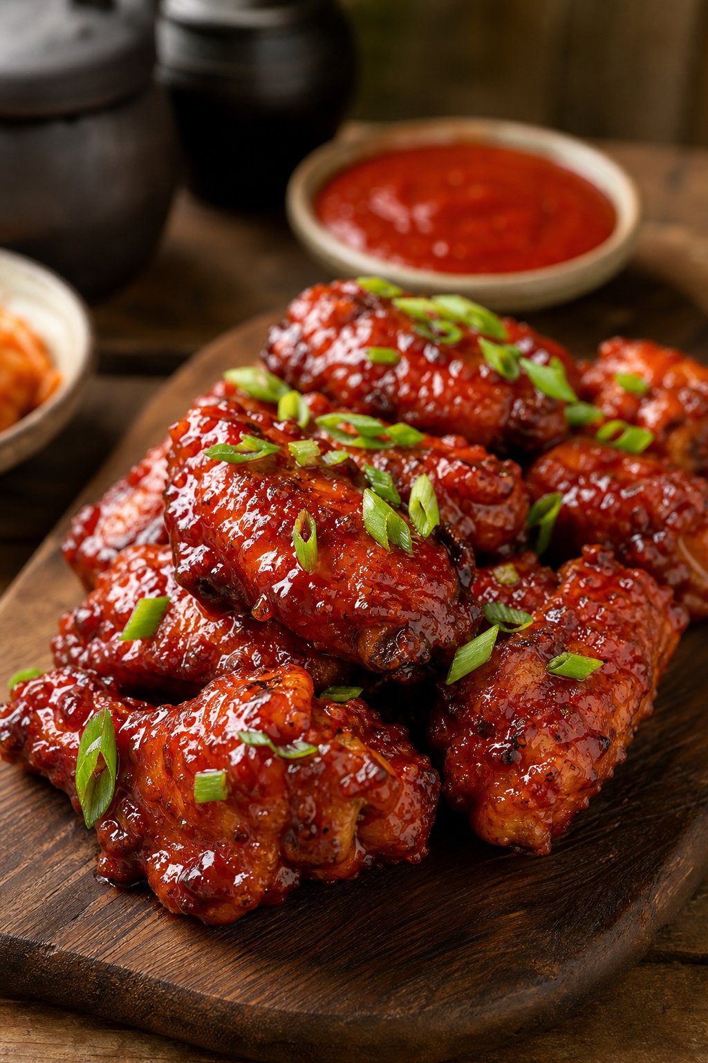 Close-up of Korean gochujang glazed chicken wings garnished with sliced scallions on a wooden board.