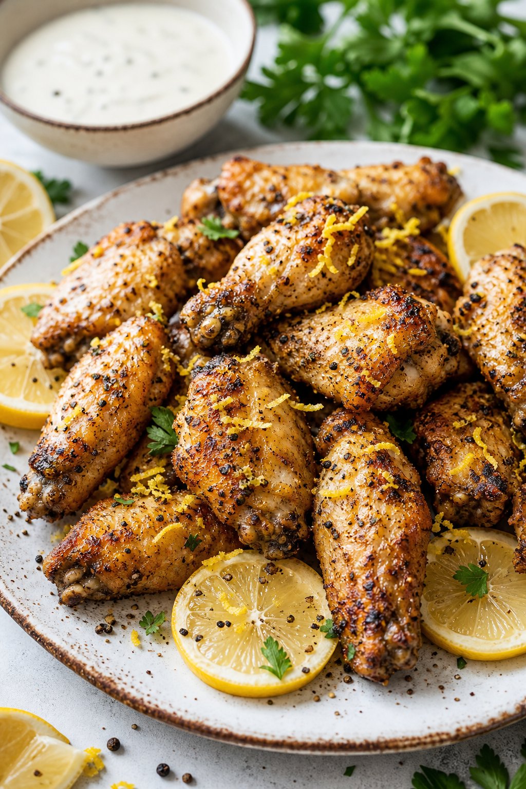 A plate of golden brown lemon pepper chicken wings garnished with lemon zest and lemon slices, with a small bowl of dipping sauce and fresh herbs in the background.