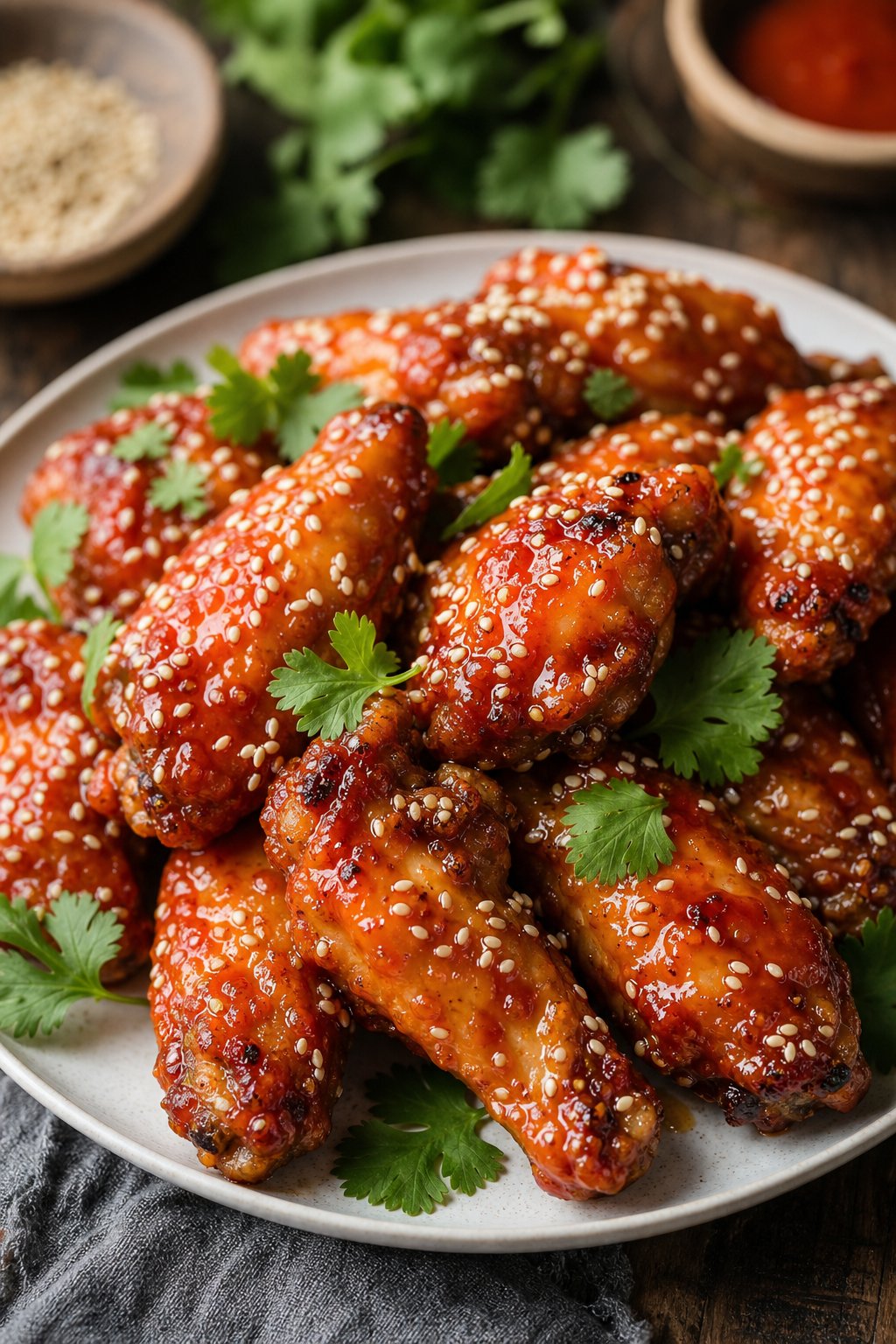 A plate of maple-sriracha chicken wings topped with toasted sesame seeds and fresh herbs.