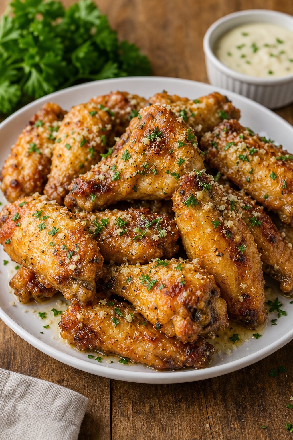 A plate of golden brown garlic parmesan oven-roasted chicken wings garnished with chopped parsley on a wooden table.