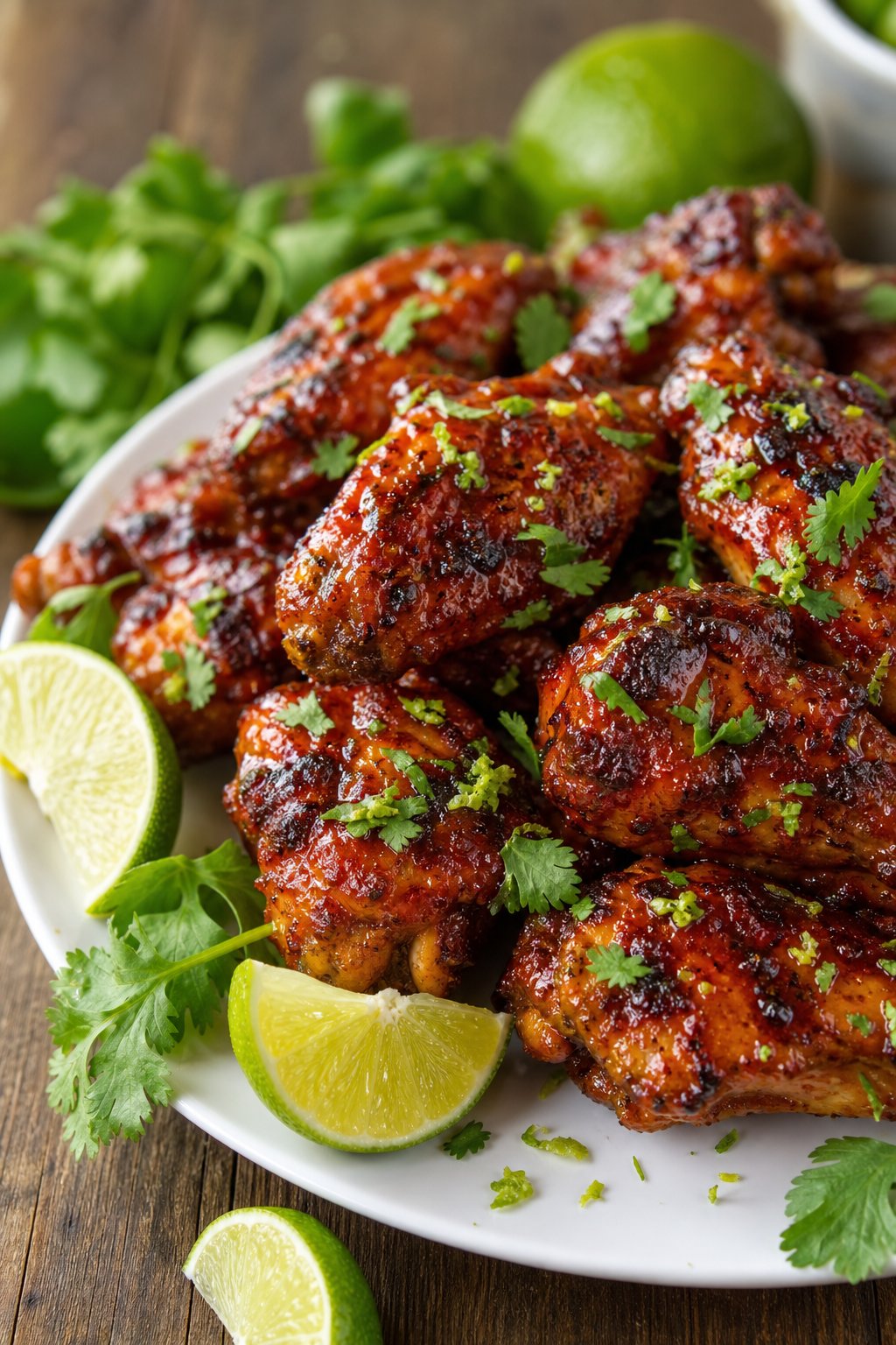 Plate of smoky chipotle lime chicken wings garnished with cilantro and lime wedges on a wooden table.