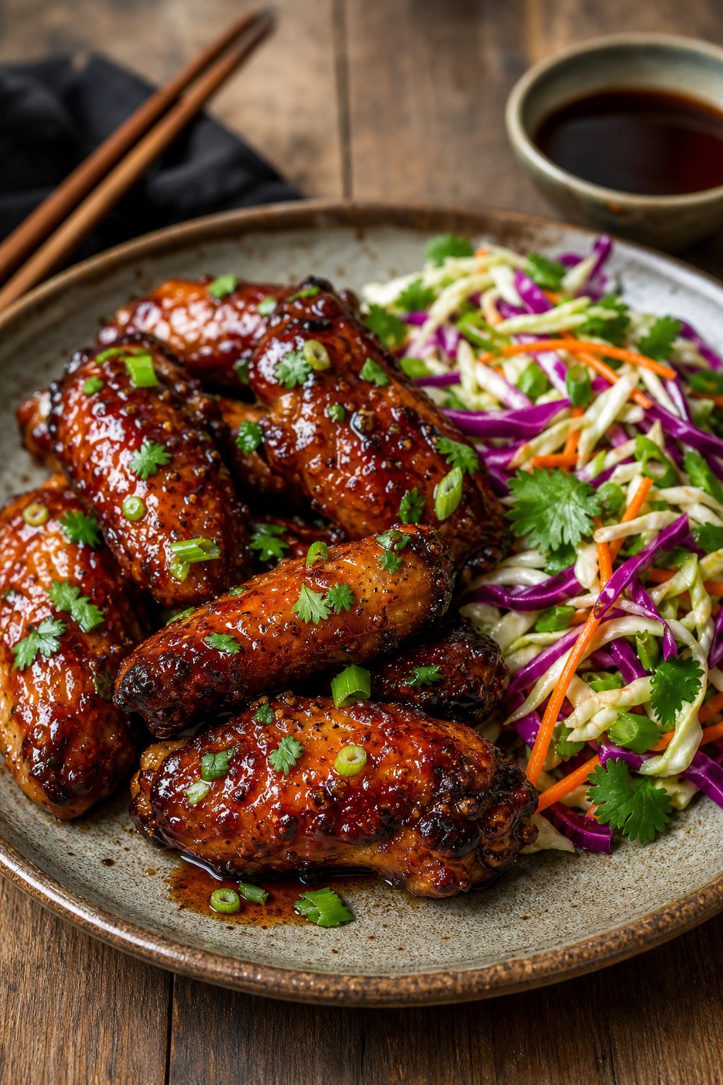 A plate of Asian five-spice hoisin chicken wings served with colorful cabbage slaw on a wooden table.