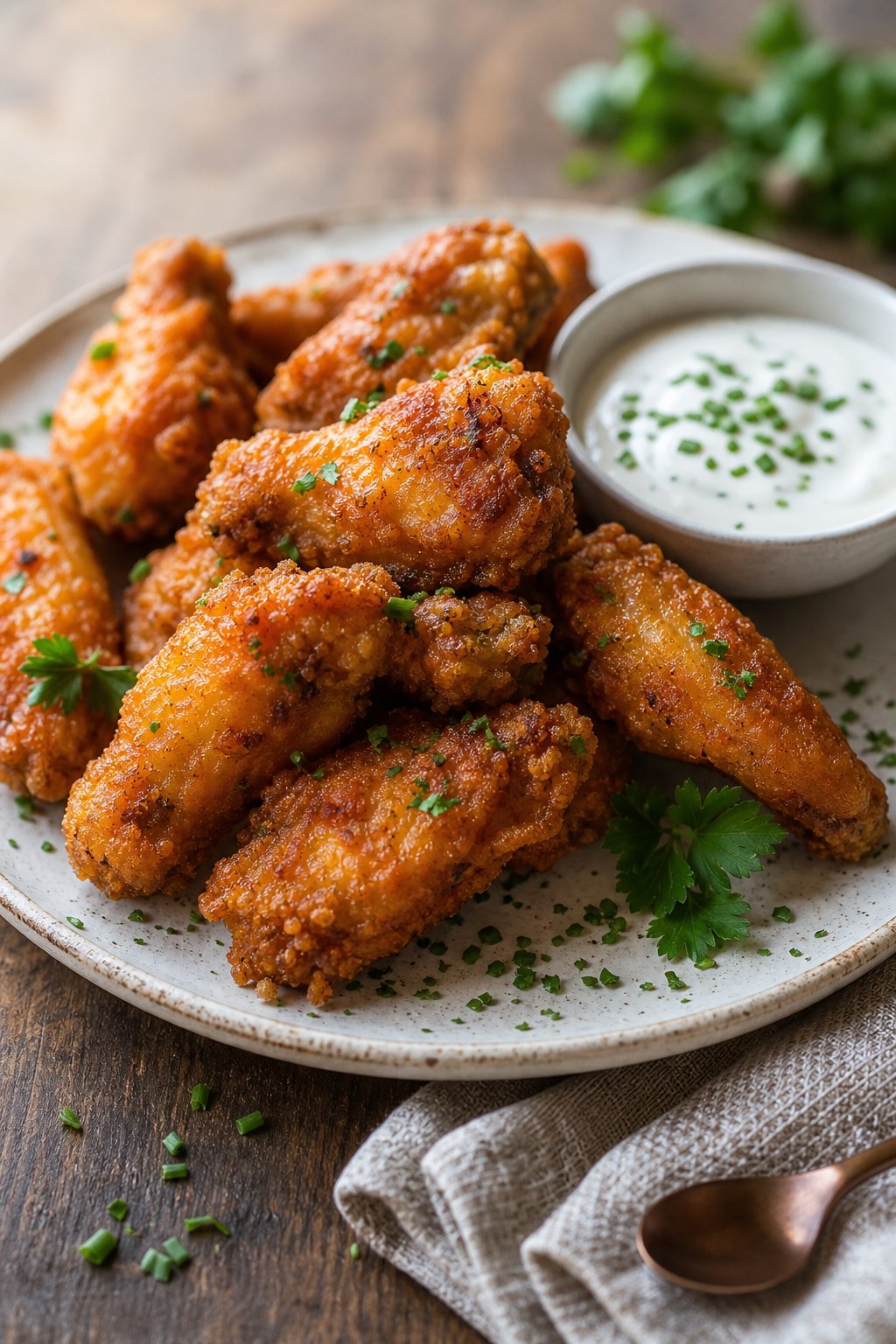 A plate of crispy buttermilk fried chicken wings with a bowl of ranch dressing on a wooden table.
