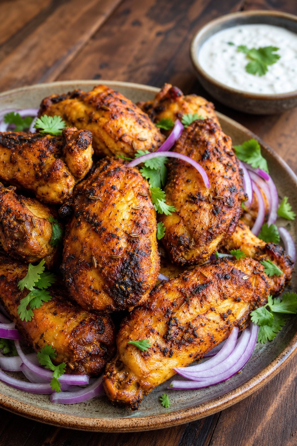 Plate of golden-brown tandoori yogurt-marinated chicken wings garnished with cilantro and red onions, served with a bowl of dipping sauce on a wooden table.