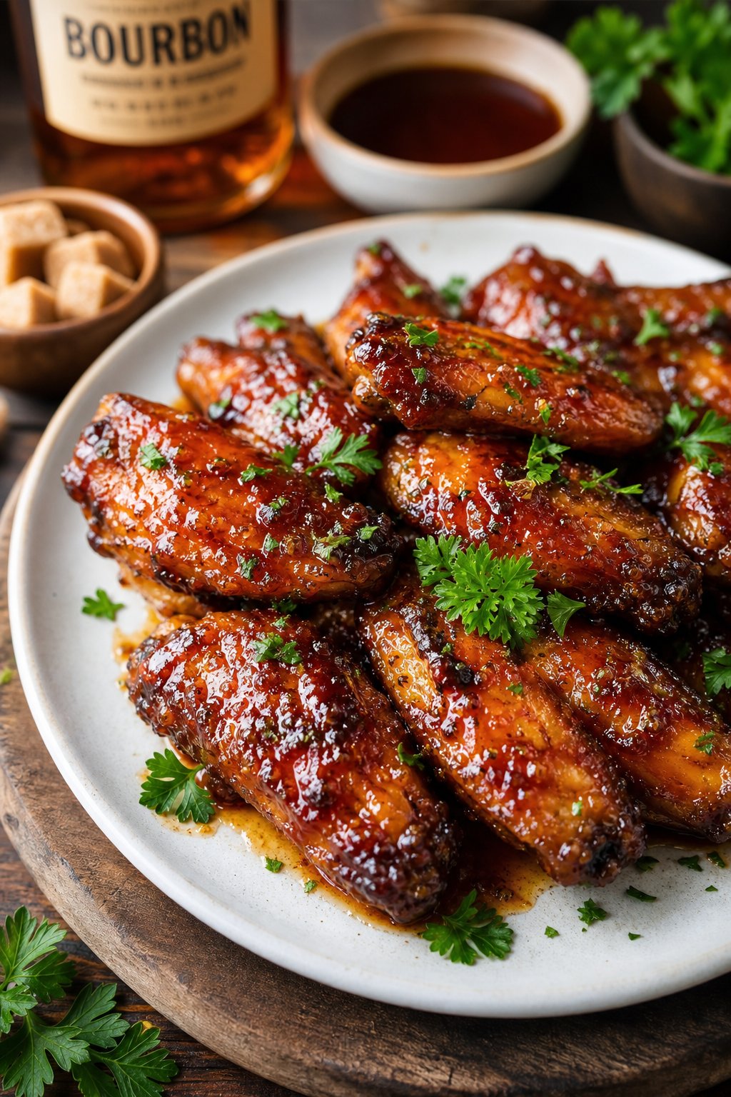 A plate of brown sugar bourbon sticky chicken wings garnished with fresh herbs, with dipping sauces and ingredients nearby.