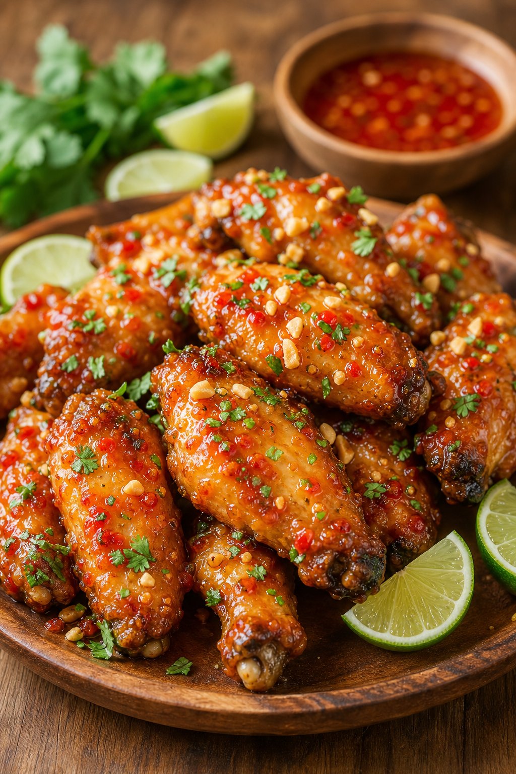A platter of Thai sweet chili lime chicken wings garnished with crushed peanuts and lime wedges.