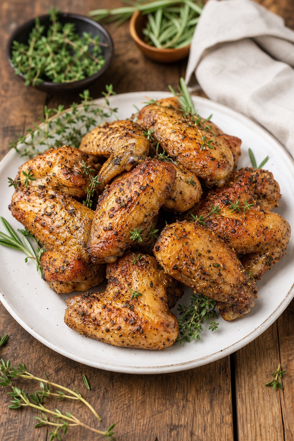 A plate of golden brown roasted chicken wings garnished with fresh thyme on a wooden table.