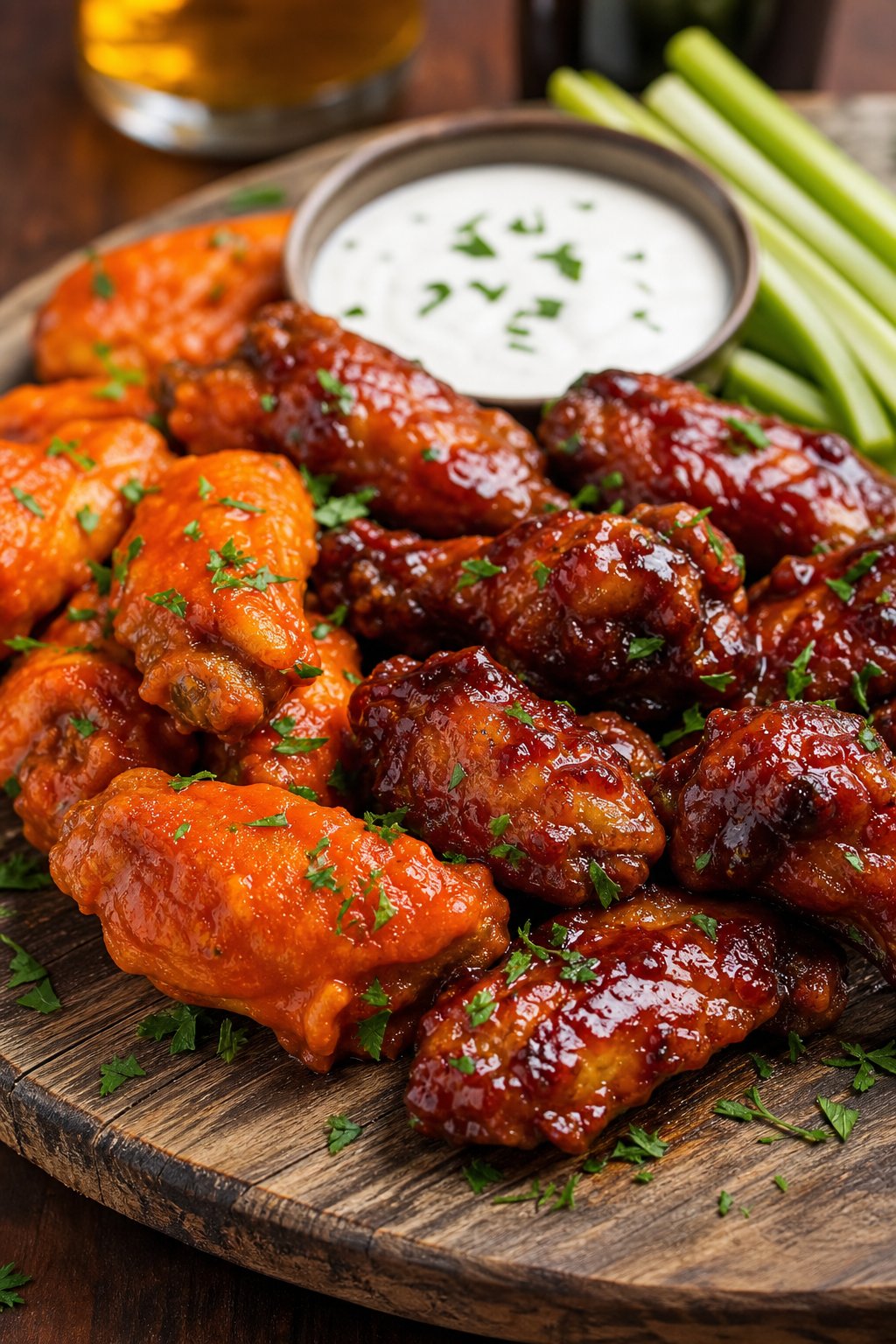A plate of Buffalo and honey BBQ chicken wings with ranch dipping sauce and celery sticks on a wooden platter.