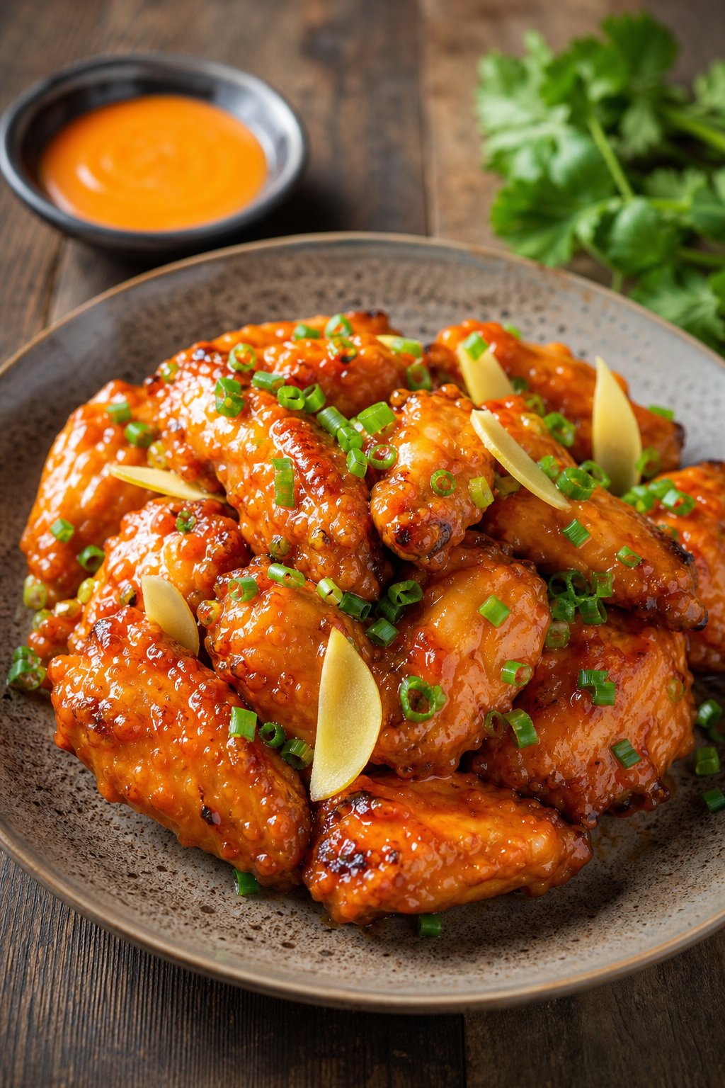 A plate of orange-miso glazed chicken wings garnished with ginger slices and green onions on a wooden table.