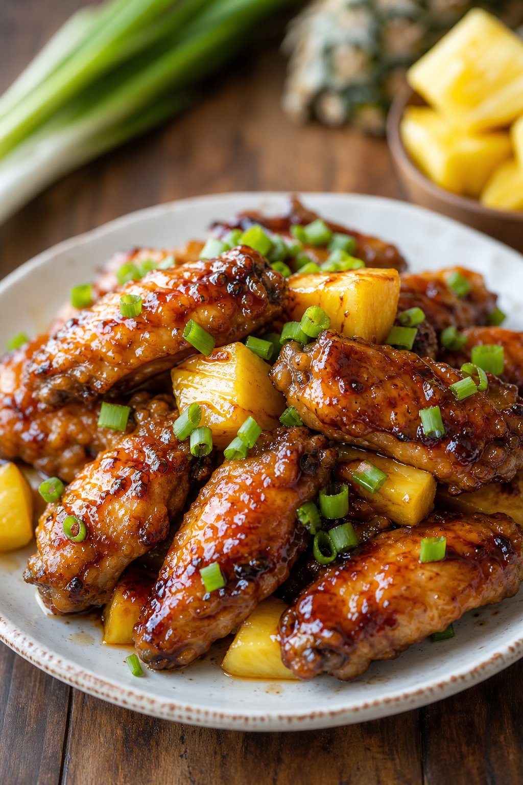A plate of glazed teriyaki chicken wings with pineapple chunks and green onion garnish on a wooden table.
