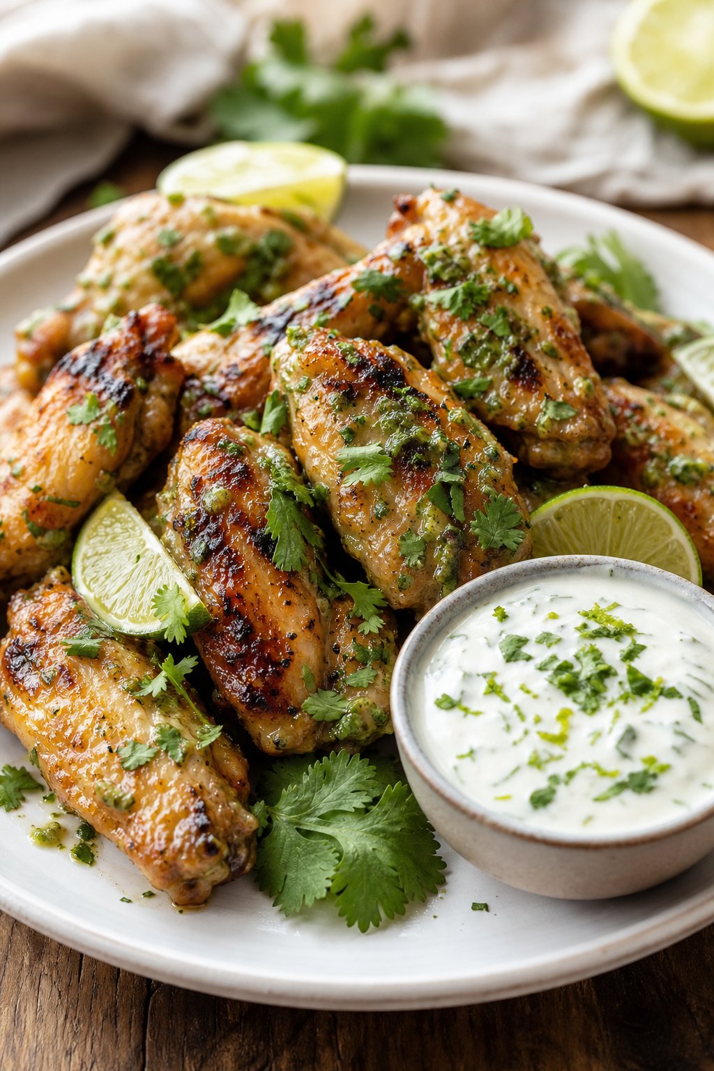 A plate of golden chicken wings garnished with cilantro and lime wedges, served with a small bowl of creamy lime sauce on a wooden table.
